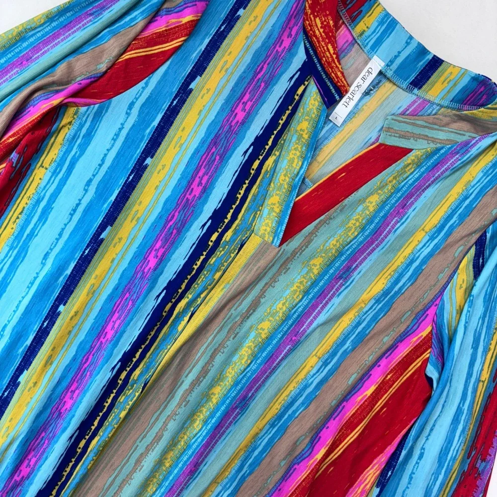 Dear Scarlett Women Striped V‎ Neck Tunic Top Size Large Chic Bohemian Resort - Picture 2 of 6